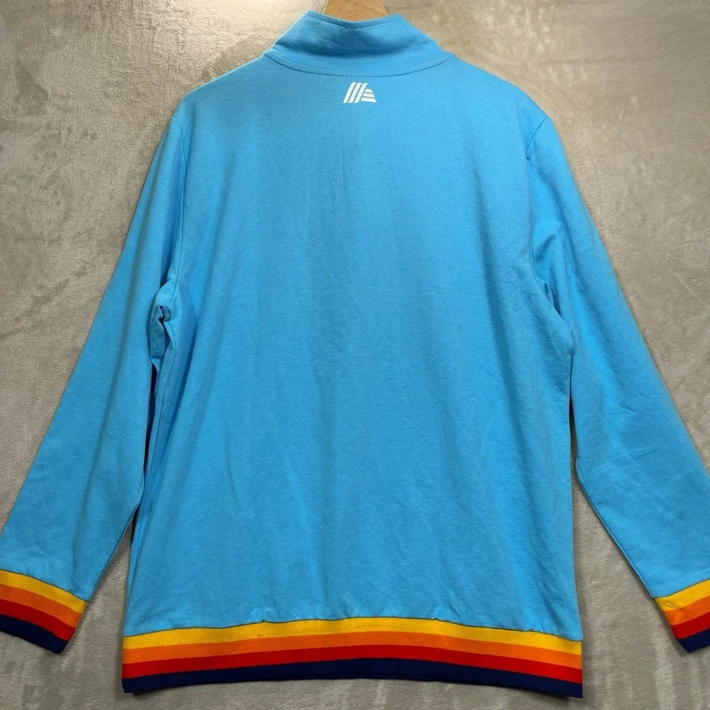 Aldi Pullover Sweater Mens L Blue Rainbow Stripe Mock Neck Buttons NEW